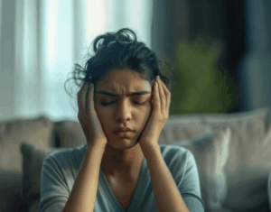 Woman hunched on a couch with her head in her hands, symbolizing guilt and self‑blame in Emotional Outsourcing™